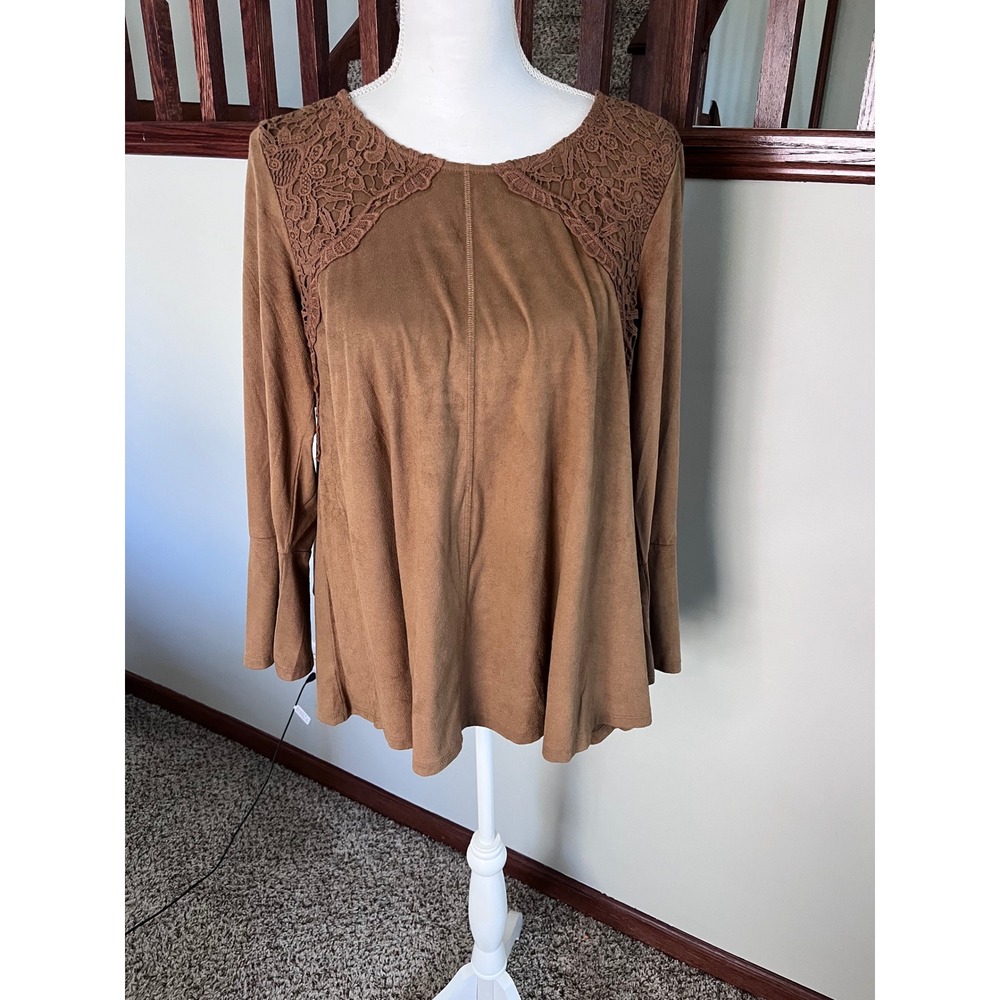 Style & Co Women Brown Faux Suede Crochet Lace Trim Long Sleeve Blouse Small